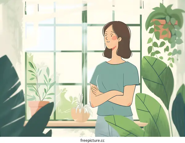 Woman Standing by Window with Plants Illustration