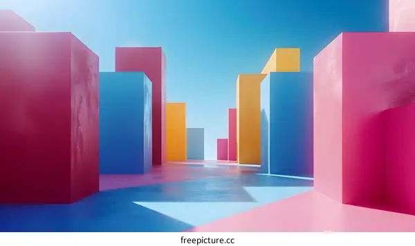 Pink and blue geometric shapes form a colorful 3D cityscape