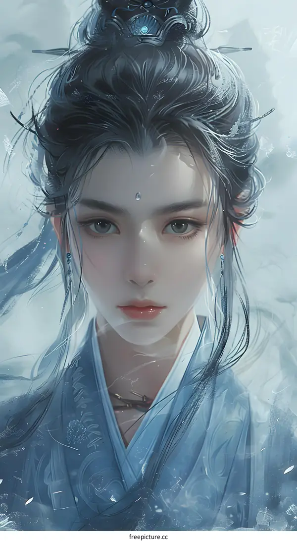 Beautiful Asian Woman With Long Black Hair Wearing Blue Dress