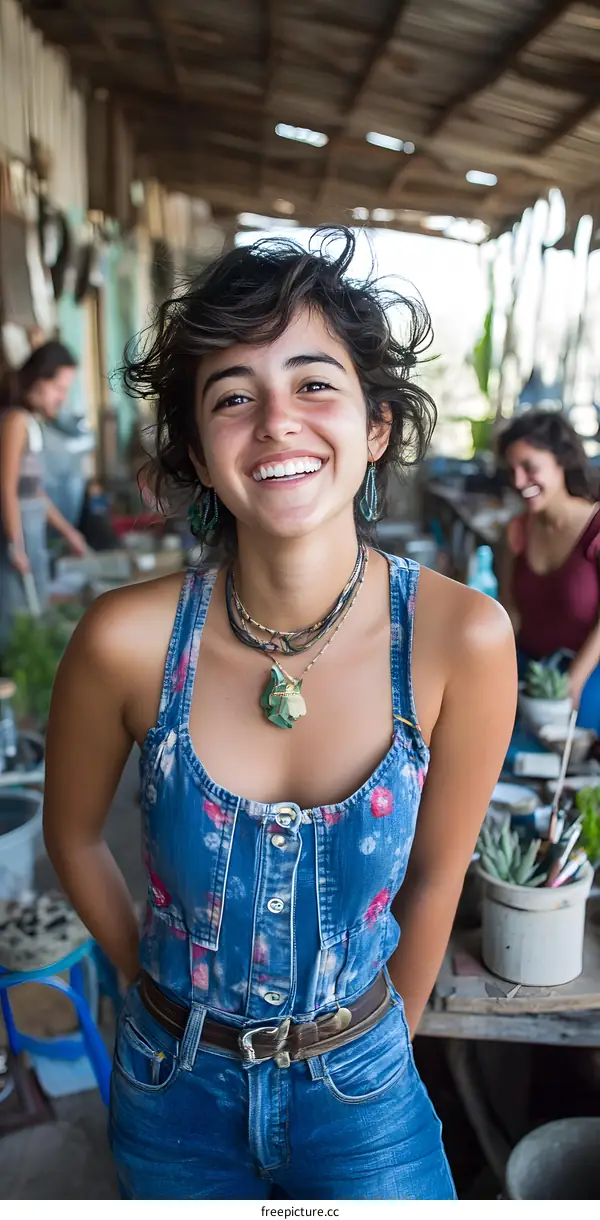 Smiling Woman Wearing a Denim Jumpsuit and Necklace