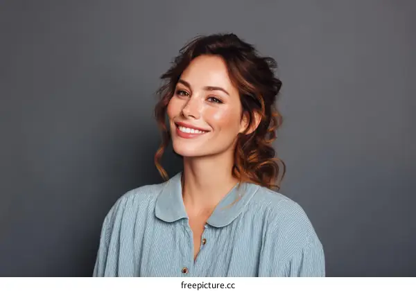 Smiling Woman Portrait Against Gray Background
