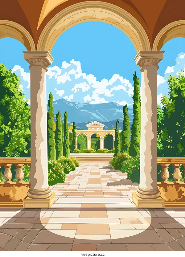 Italian Garden Architecture With Stone Pathway and Lush Greenery