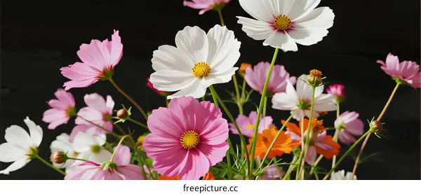 Colorful Cosmos Flowers in Full Bloom Against Black Background