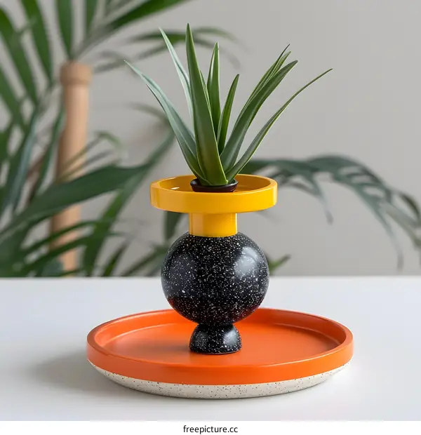 Modern Ceramic Vase With Green Plant On Orange Tray