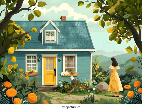 A woman standing in front of a blue house