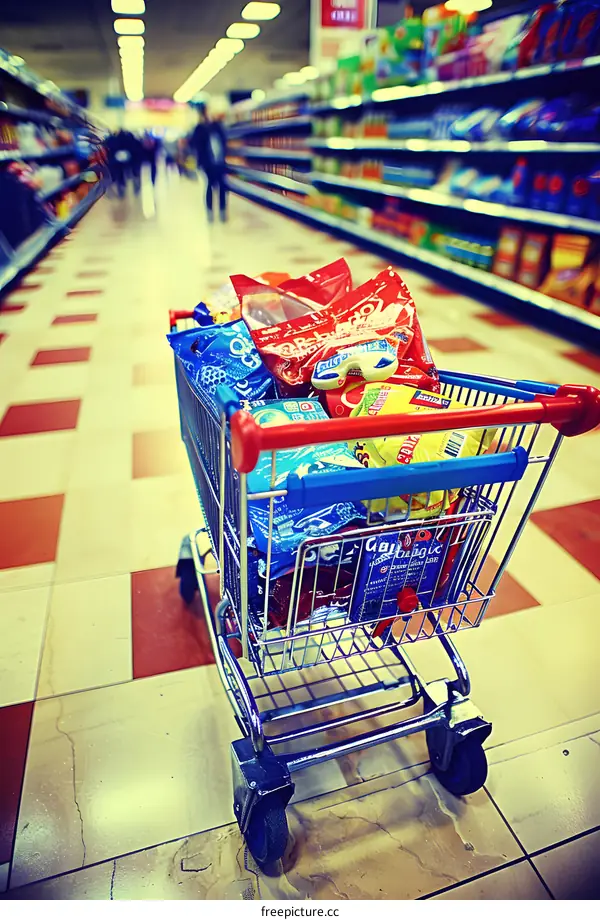 Shopping Cart Full of Snacks in a Supermarket Aisle
