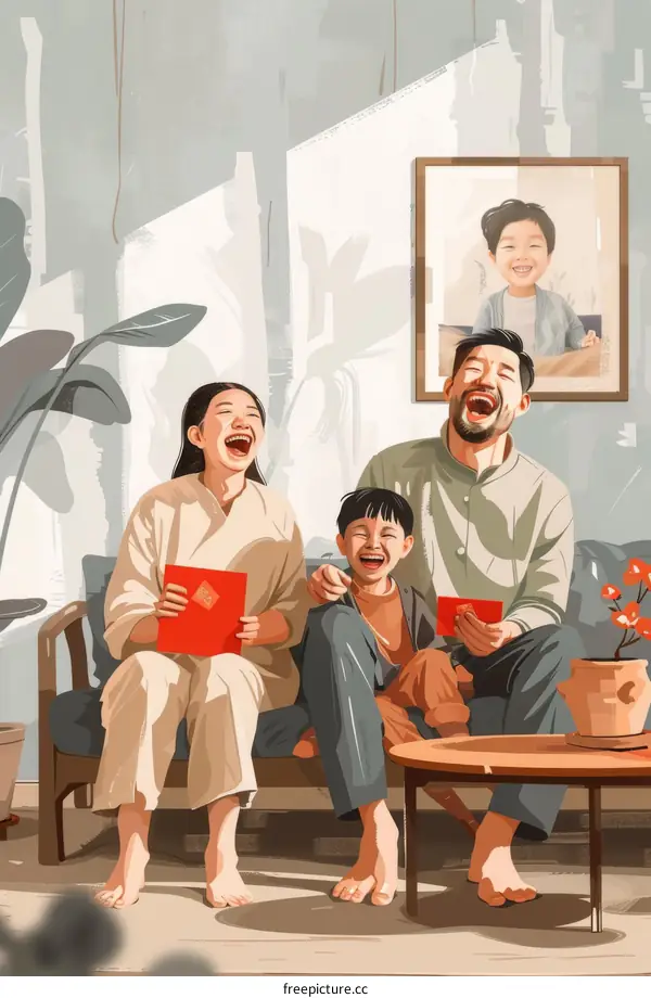 A family of three is sitting on the couch and laughing.