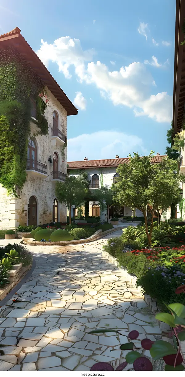 Stone Path Courtyard in a Mediterranean Style Villa