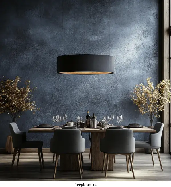 Modern Dining Room Interior Design with Dark Wall and Pendant Light