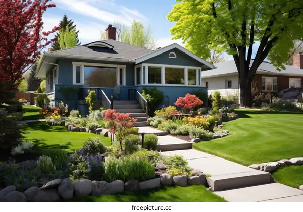 Blue House with Colorful Garden and Pathway