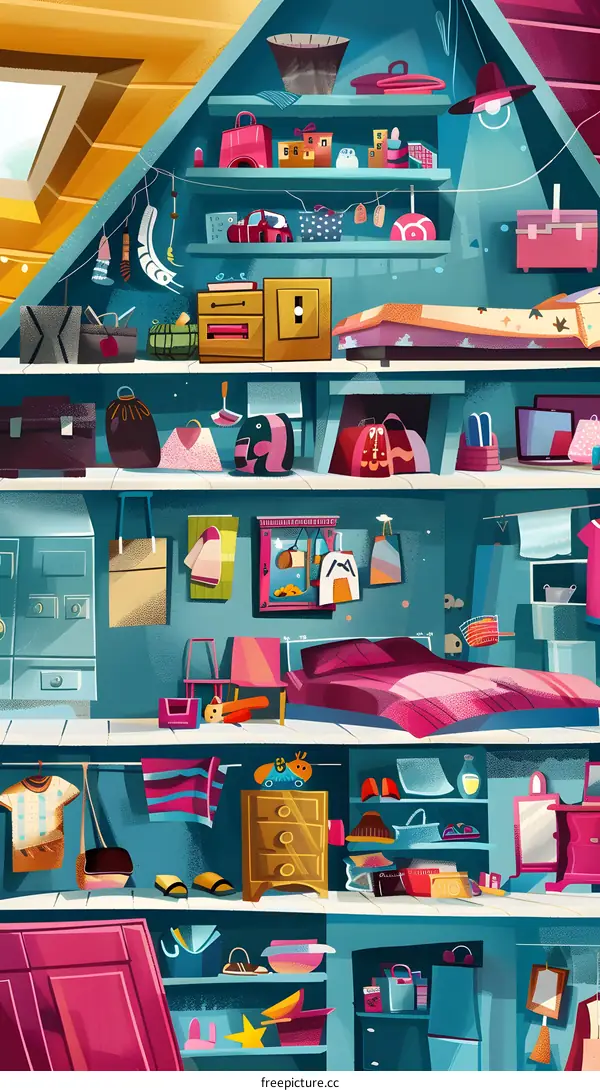 Colorful Room Interior Design Illustration With Many Objects