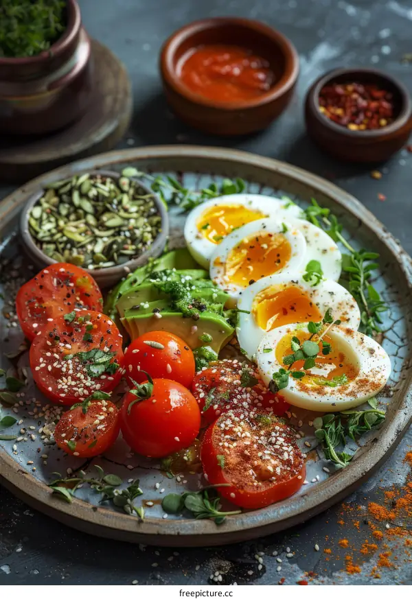 Healthy Breakfast with Boiled Eggs, Avocado, and Tomatoes