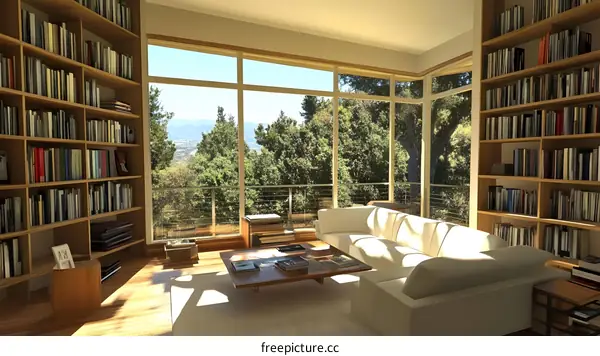 Modern Living Room with Large Windows and Bookcases