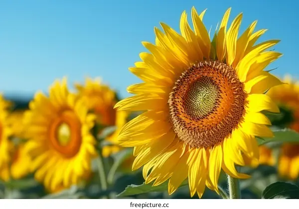 Close-up of a sunflower in a field of sunflowers