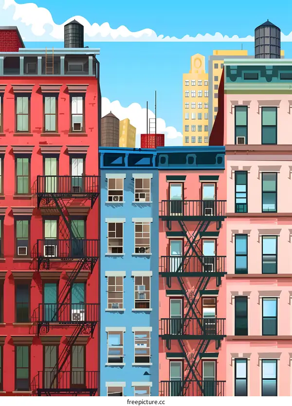 Colorful Cityscape with Fire Escapes and Windows