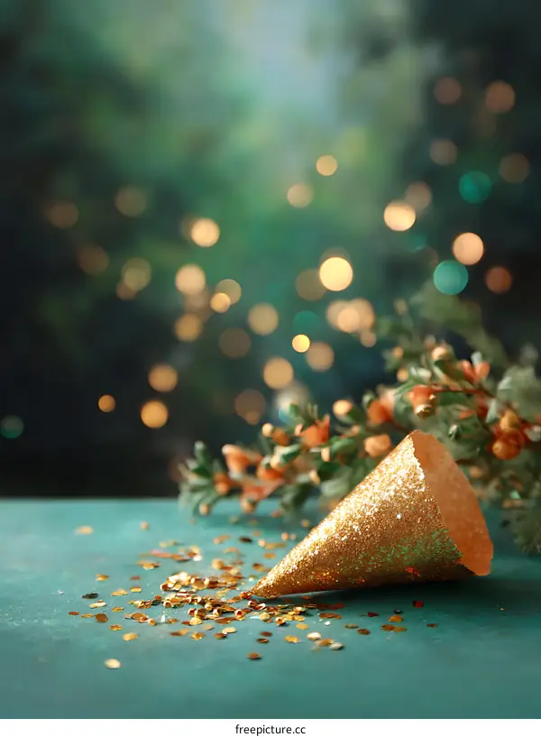 Golden Party Hat on Teal Background with Glitter