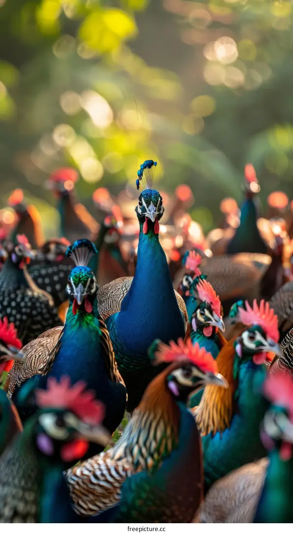 A group of peafowl with vibrant plumage
