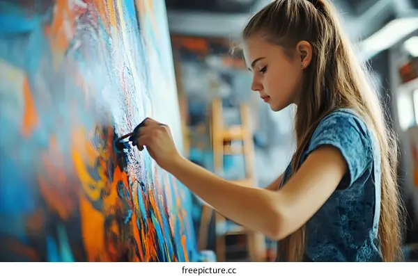 Young Woman Artist Painting Abstract Artwork in Studio