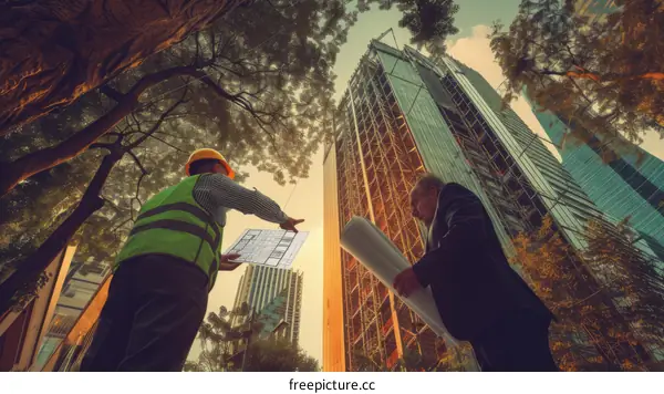 Construction workers discussing building plans at a construction site