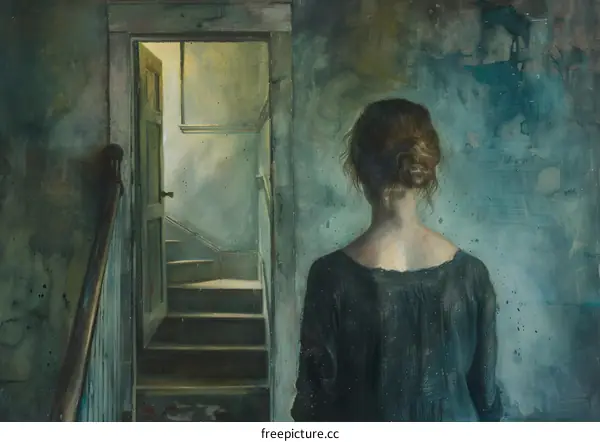 Woman Standing in Front of Doorway Leading to Staircase in Old Building