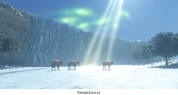 Winter Landscape With Icicles And Aurora Borealis