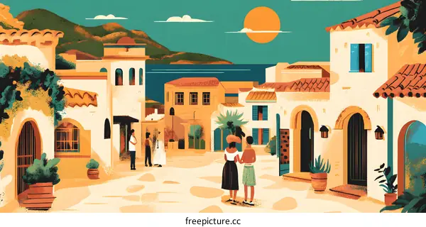 Mediterranean Town Illustration with People and Buildings
