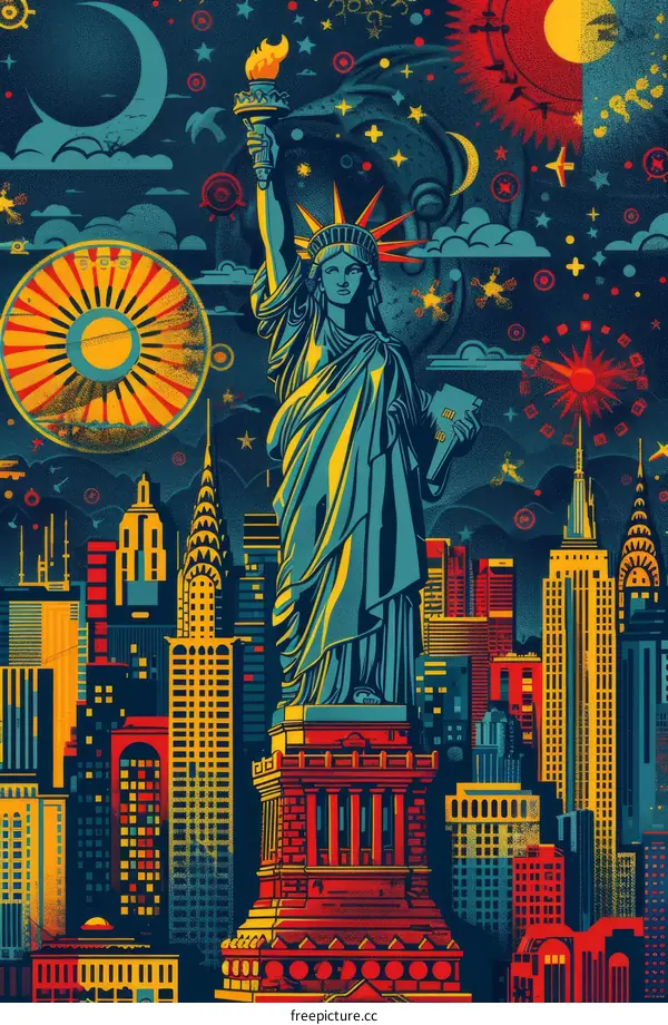 Statue of Liberty in New York City with colorful background