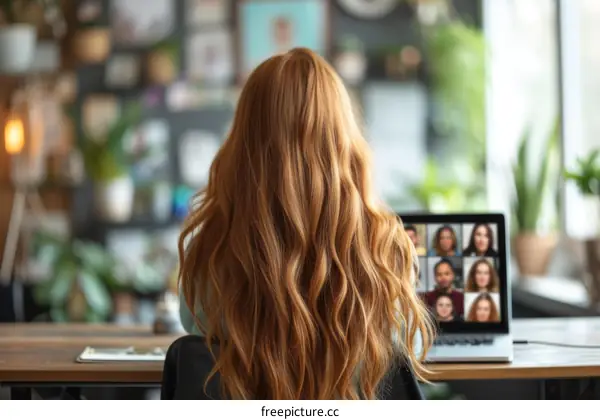 redhead woman in gray shirt looking at diverse group of people on laptop screen