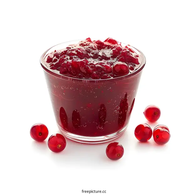 Close-up of a glass bowl of red cranberry sauce with fresh cranberries scattered around