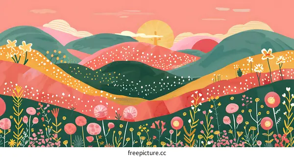Colorful Illustration of a Landscape with Flowers and Hills