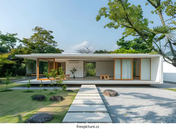 Modern Japanese House With Stone Pathway and Lush Greenery