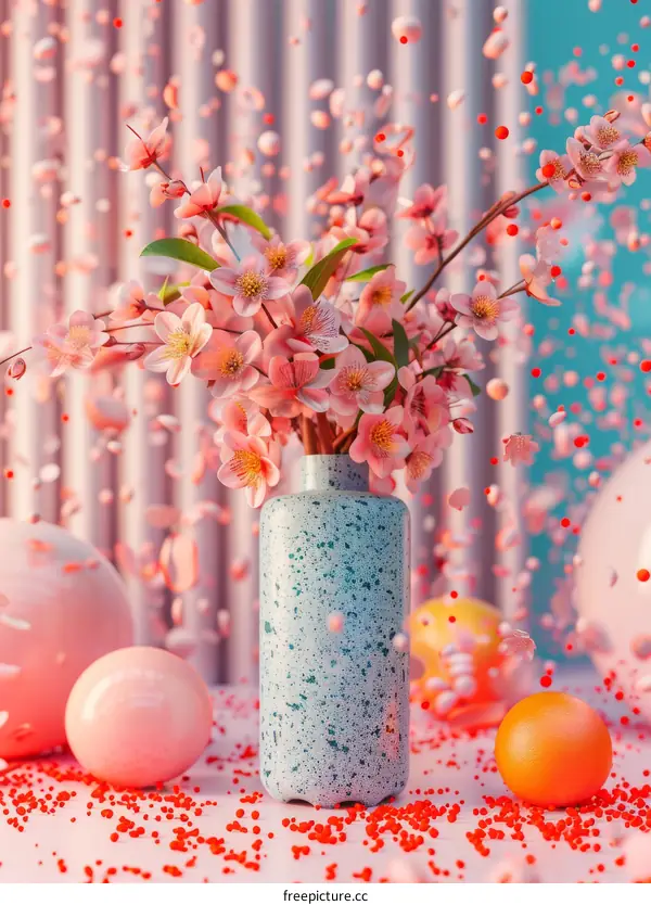 Pink flower arrangement in blue vase