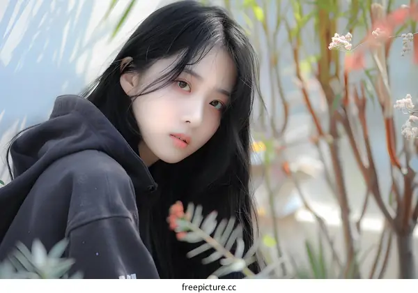 Portrait of Young Asian Woman with Long Black Hair in a Black Hoodie Looking at the Camera