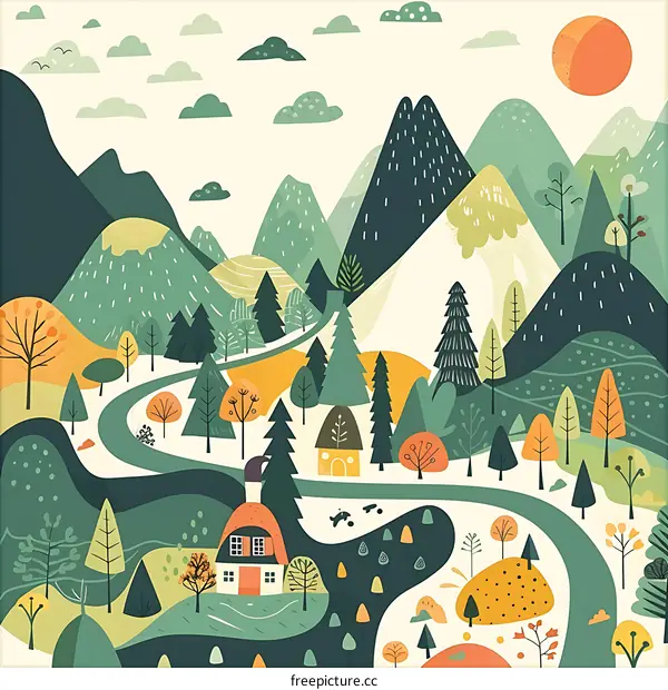 Colorful Illustration of a Mountain Landscape with Winding Path and Houses