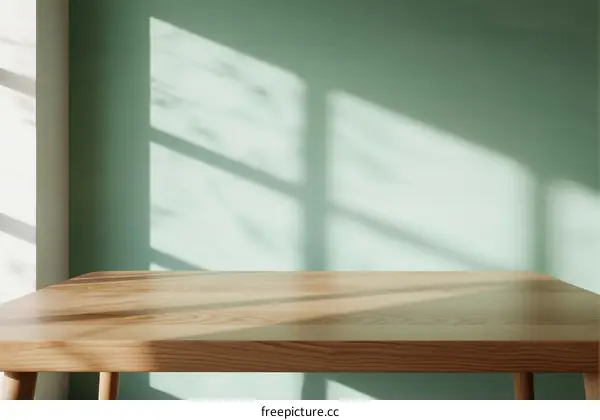 A wooden table placed against a light green wall with sunlight shadows