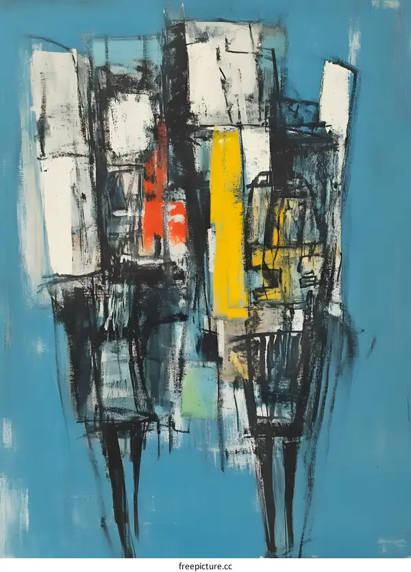 Abstract Painting with Blue, Black, White, Yellow, and Red