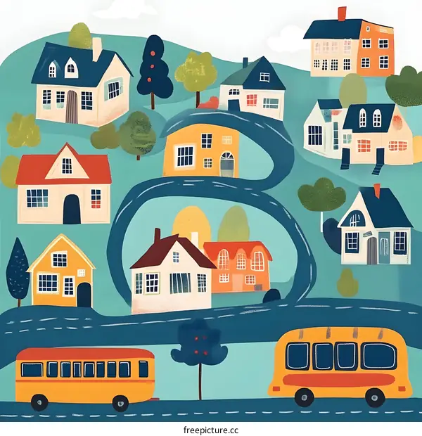 Colorful Houses and School Buses on a Winding Road