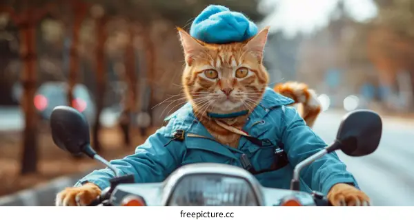 ginger cat wearing a blue beret riding a motorcycle