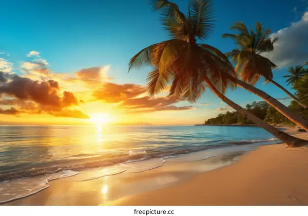 Beach sunset with palm trees