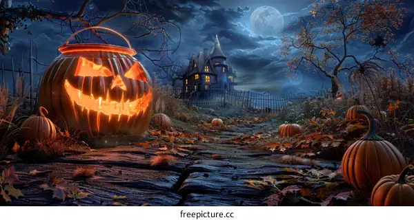 Spooky Halloween Pumpkin Lantern at Night