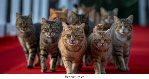 A group of cats walking on a red carpet