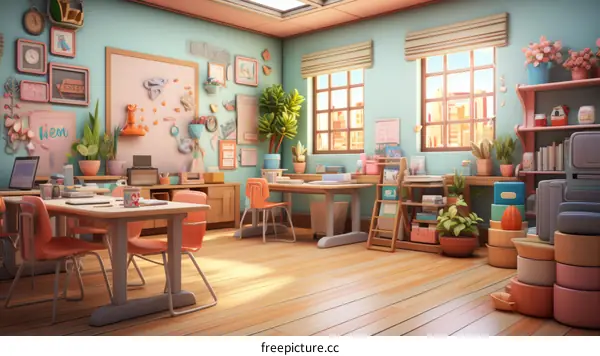 A classroom with pink and blue walls and a lot of plants