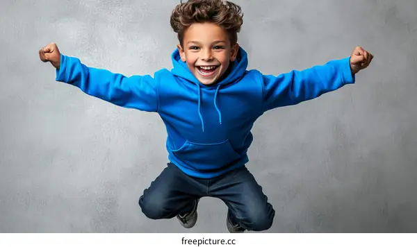 Happy Boy Wearing Blue Hoodie Jumping