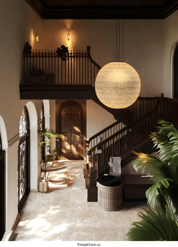 Modern Interior Design with Wooden Staircase and Large Round Chandelier