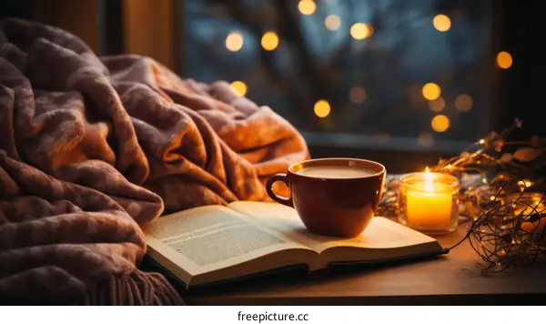 A cozy blanket, a cup of coffee, and a good book by the window