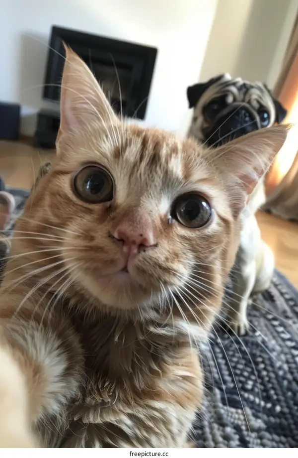 A ginger cat and a pug are taking a selfie together