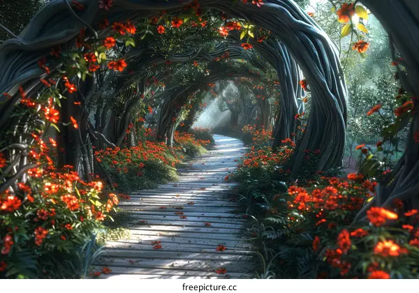 Enchanted Red Flower Garden Path