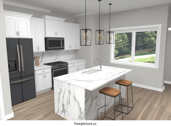 Modern Kitchen Interior Design with White Cabinets and Marble Island