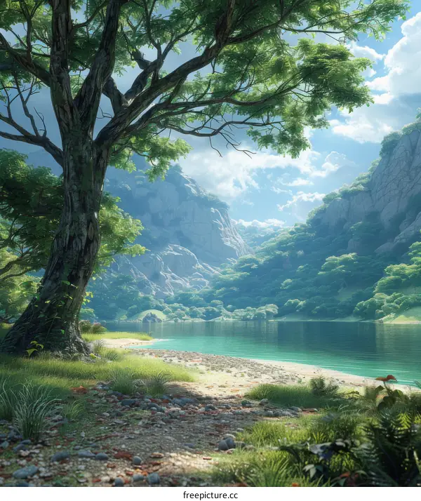 Fantasy Landscape: A Towering Tree by the Placid Lake