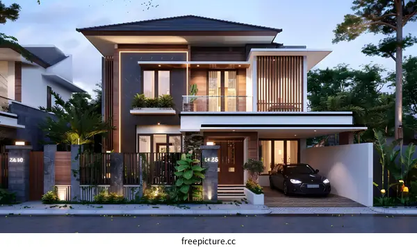 Modern Two Story House with Garage and Front Yard